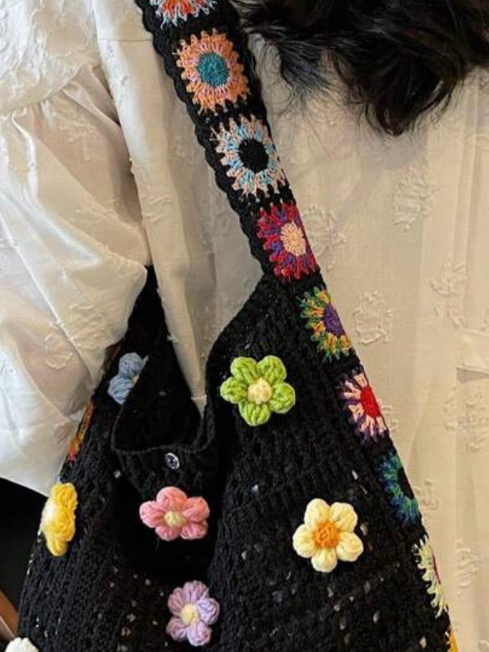 Black Crochet Floral Tote Bag with Multicolor Accents - Picture 5 of 5